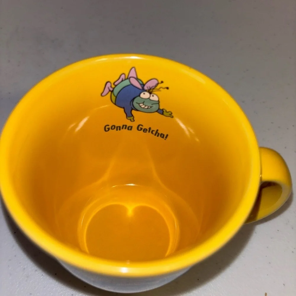 Y2K Yellow and Blue Ceramic Mug with Cartoon Design